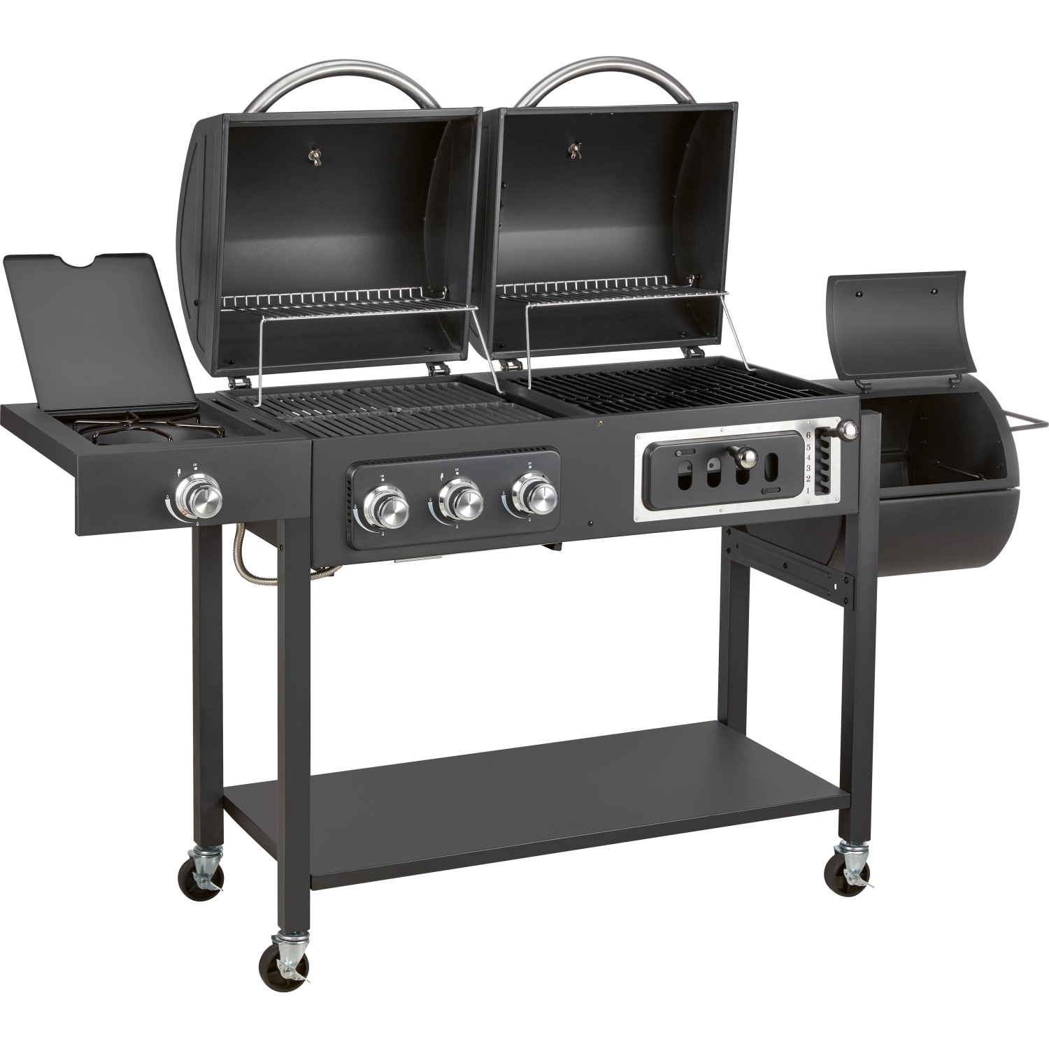 Jamestown Kombigrill Dean: Gasgrill, Holzkohlegrill & Smoker in einem Grillwagen.