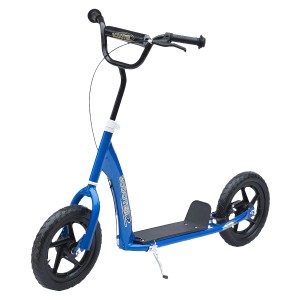 Blauer HOMCOM Kinderroller mit Hinterradbremse und schwarzen Rädern.