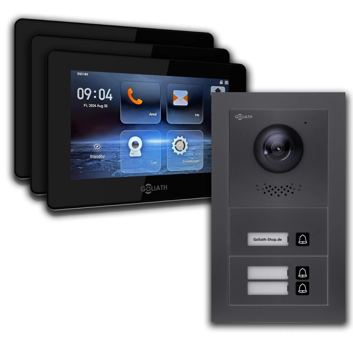 Goliath IP Video Türsprechanlage 3 Familienhaus 7 Zoll Schwarz App Anthrazit Unterputz