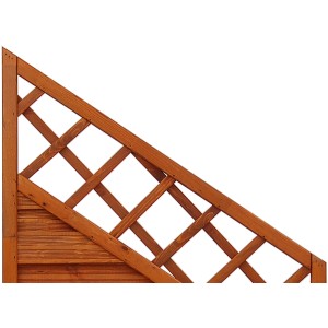 Detailaufnahme Sichtschutzzaun Country, teakfarben lasiert, mit Lattenzaun-Abschluss.