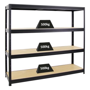 Schwarzes PROREGAL Schwerlastregal Dino mit vier MDF-Holzböden und hoher Traglast.