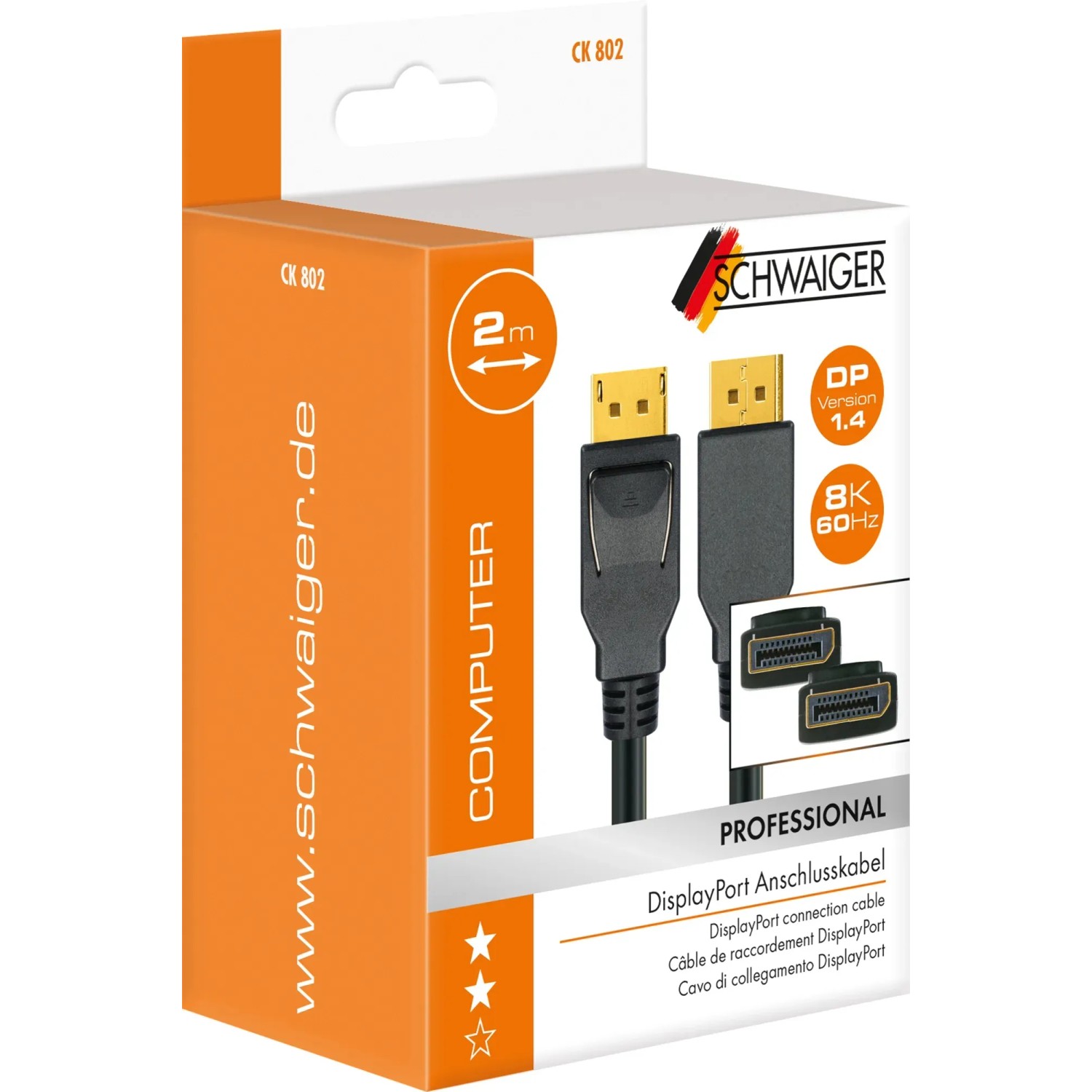 Schwaiger DisplayPort Kabel in Verpackung, 2m, zur Verbindung von PC und Monitor.