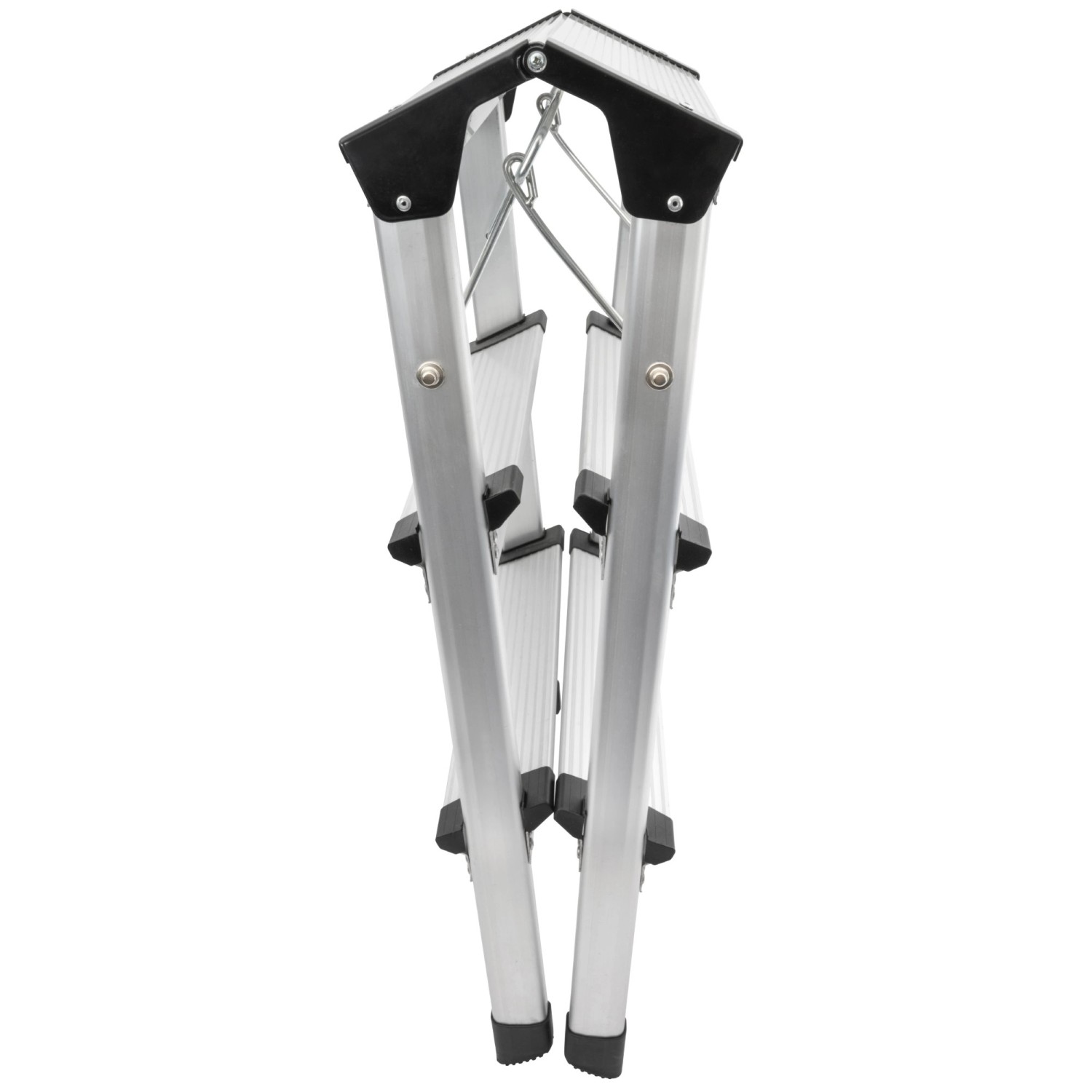 Zusammengeklappte Aluminium Trittleiter GAT 3S für platzsparende Aufbewahrung.