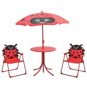 3-tlg. Garten-Bistro-Set für Kinder mit Sonnenschirm, rot, mit Marienkäfer-Motiv.