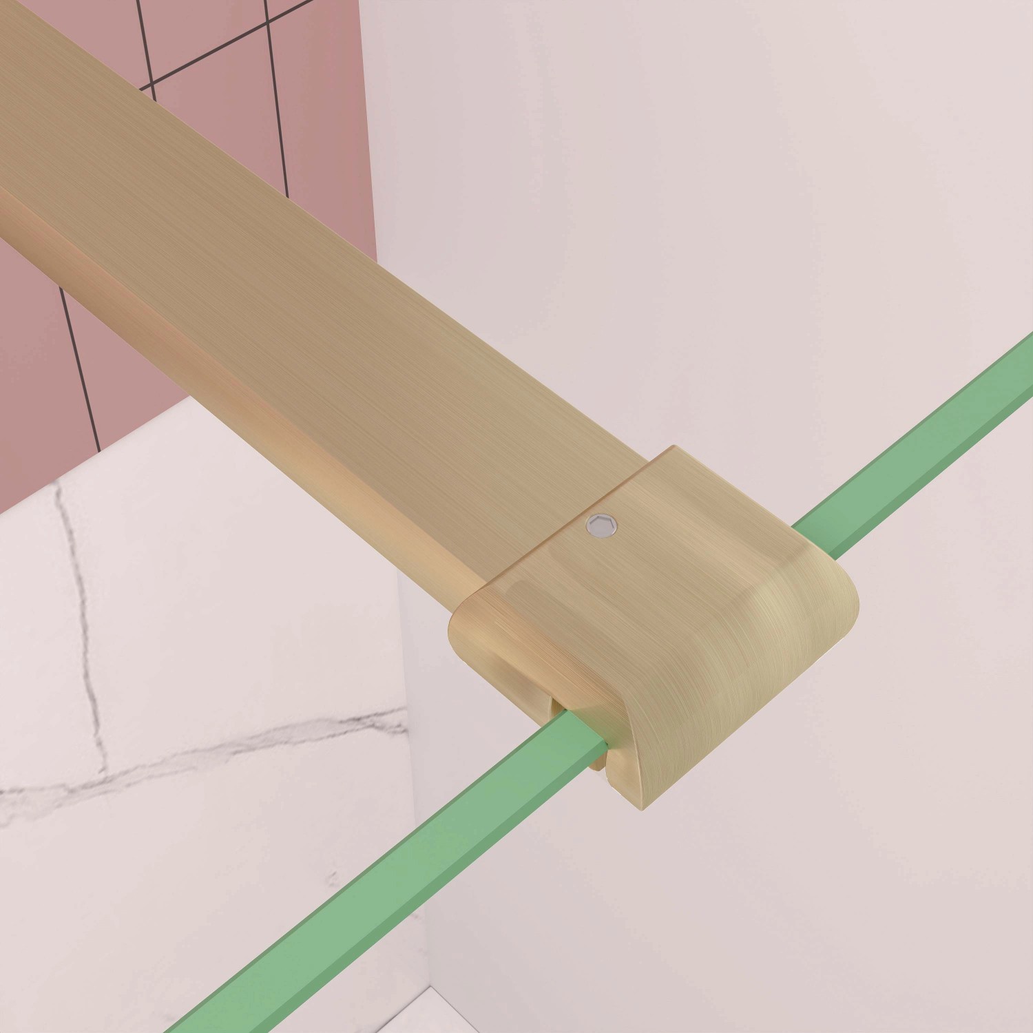 Detailaufnahme: Goldener Stabilisator an AICA Walk-In Dusche mit Glaswand.