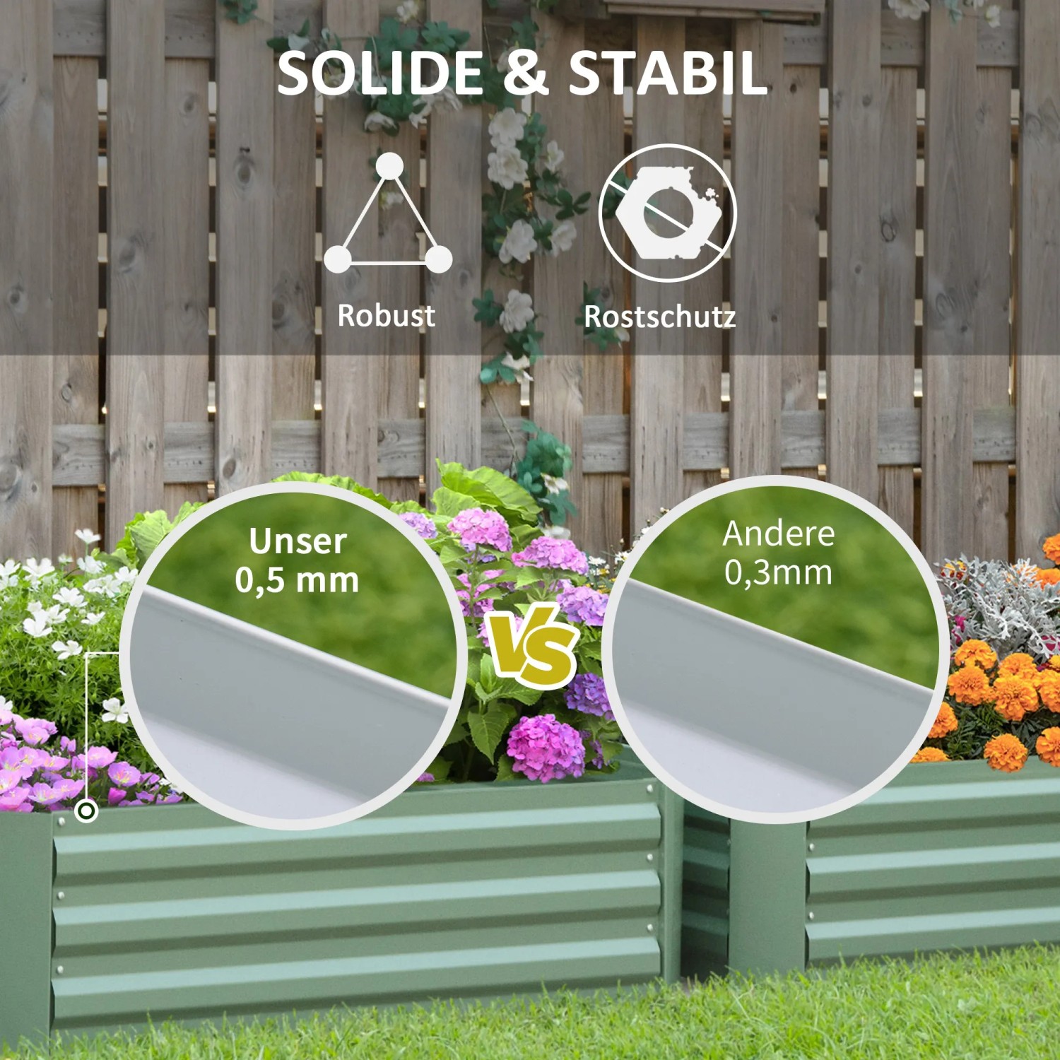 Outsunny Hochbeet-Set aus Stahl, robust und rostfrei, mit Blumen bepflanzt.