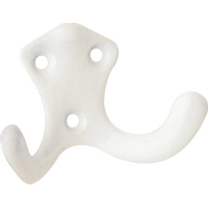 Weißer Metall Wandhaken 1132 mit zwei Hakenarmen und drei Bohrlöchern zur einfachen Montage.