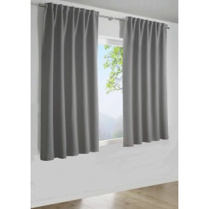 Grauer Bennetti Dimout Schal mit Gardinenband, 140x175 cm, vor Fenster.