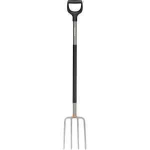 Fiskars Ergonomic Spatengabel in Grau, ideal zum Lockern von Böden und Verteilen von Schüttgut.