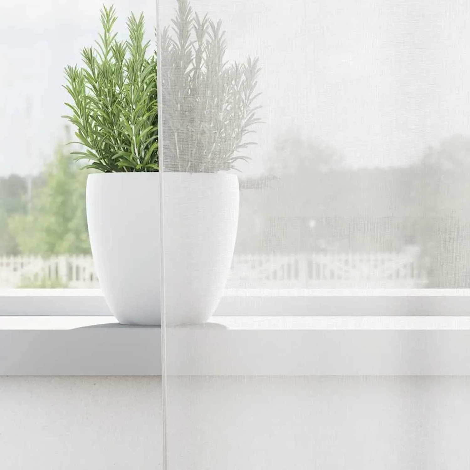 Weiße Voile Vorhänge (2 Stk.) mit Stangentaschen auf Fensterbank mit Pflanze.