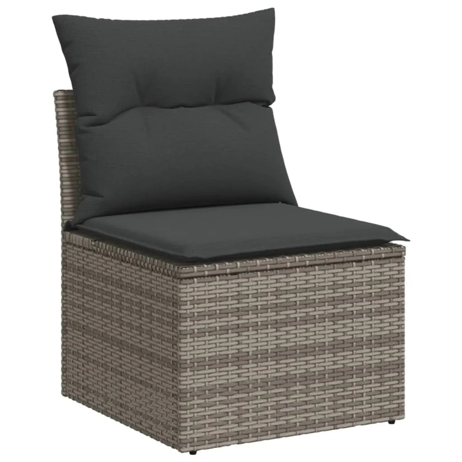 Graues vidaXL Garten-Ecksofa aus Rattan mit dunklen Kissen, Teil einer modularen Gartenmöbel-Garnitur.