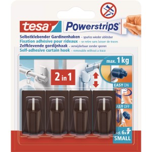 tesa Powerstrips Vario Gardinenhaken, braun, selbstklebend, für Gardinenstangen bis 1 kg.