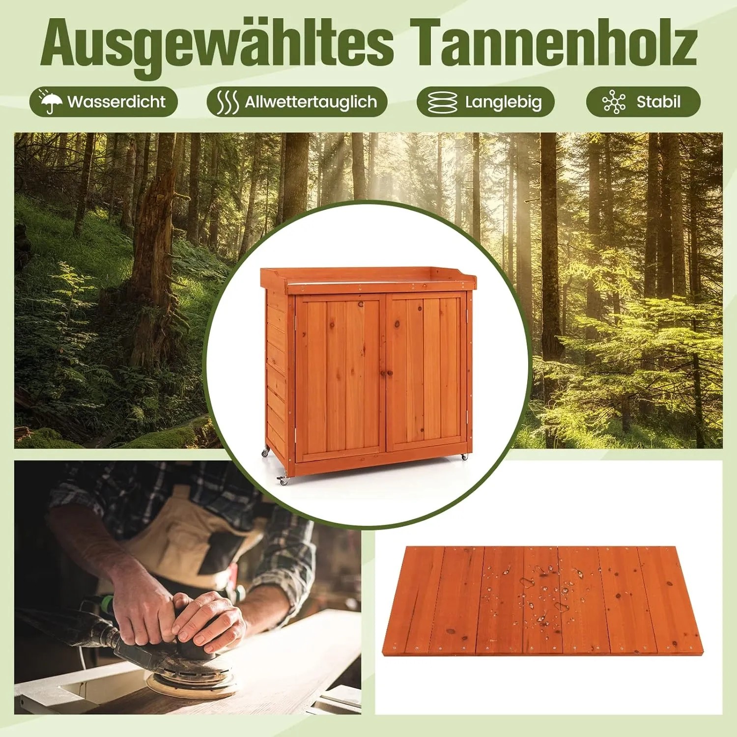 Costway Gartenschrank aus Holz, 98,5x48x100cm, mit Rollen. Lagerschrank für Garten.