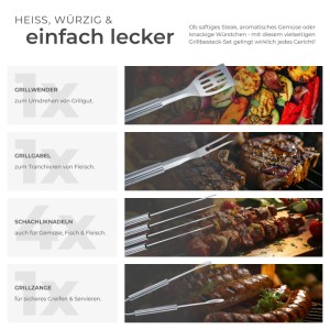 Tectake Grillbesteck-Set, 18-teilig im Alukoffer: Grillwender, Zange, Gabel, Messer, Bürste und Spieße aus Edelstahl.