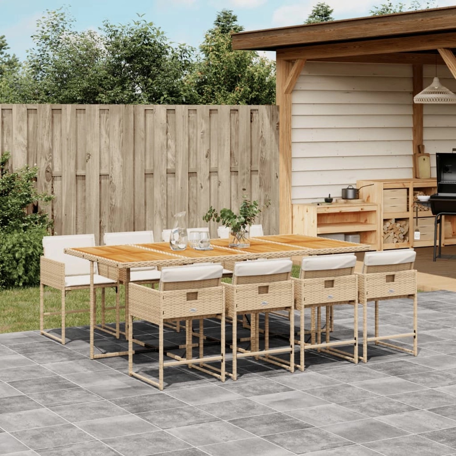 Beige 9-tlg. vidaXL Garten-Essgruppe mit Kissen, Poly Rattan, Akazienholz Tischplatte.