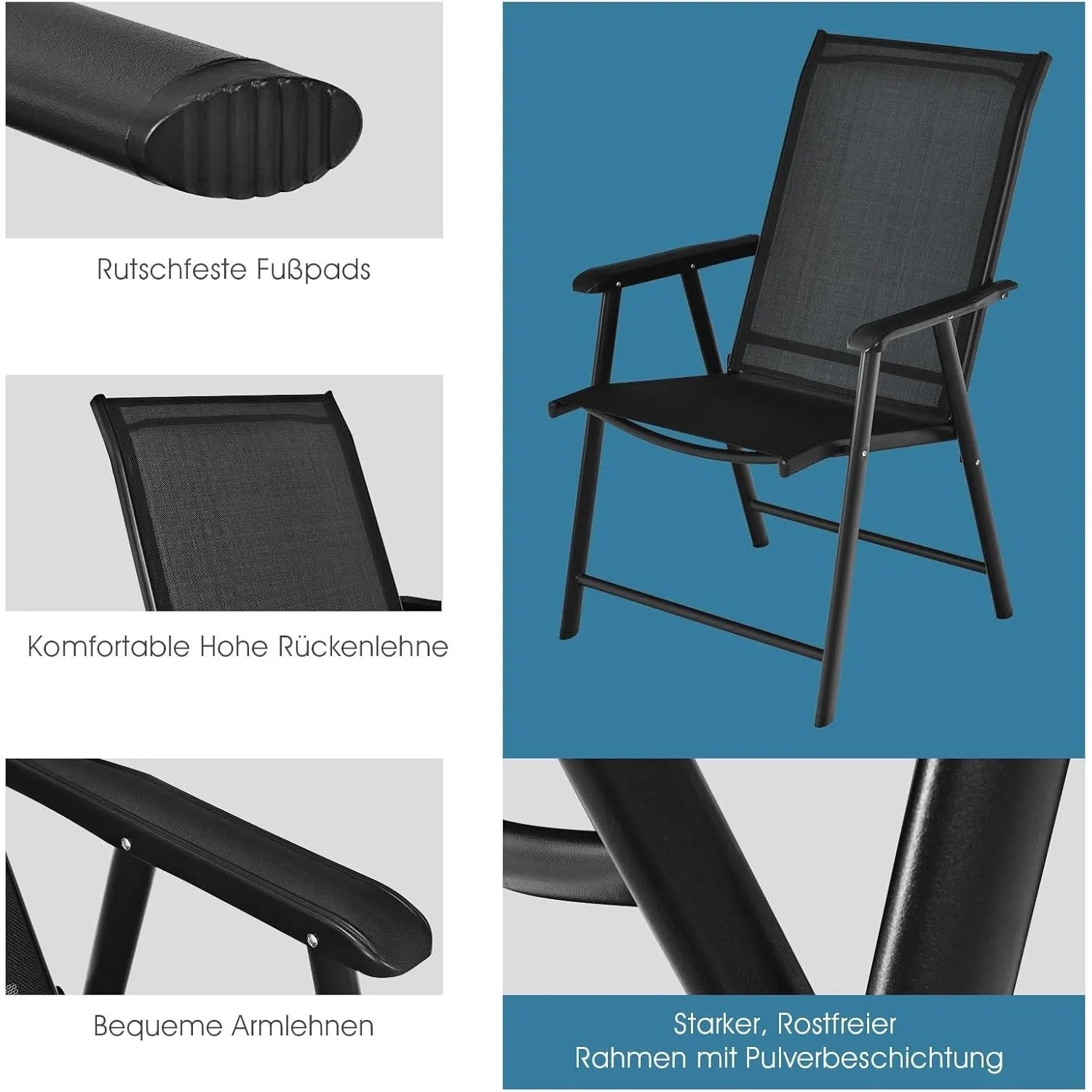 Costway 2er Set Gartenstühle, klappbare Hochlehner in Schwarz mit Metallrahmen.