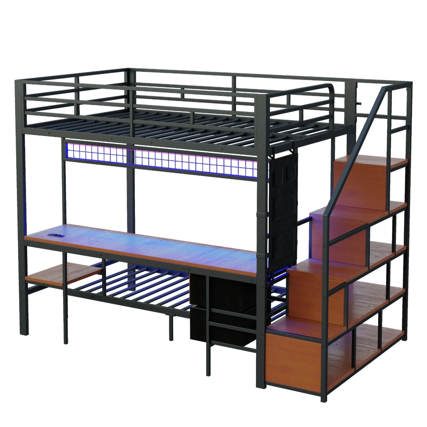 okwish Hochbett 140x200cm mit Schreibtisch LED Steckdosen Jugendbett Schwarz ohne Matratze
