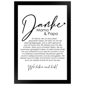 Gerahmtes Poster "Danke Mama und Papa" (20x30 cm) mit schwarzem Rahmen, Geschenkidee für Eltern.