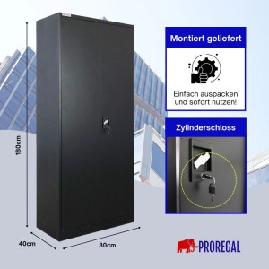 PROREGAL Flügeltürenschrank ELEPHANT Komplett Montiert 2 Türen Abschließbar HxBxT 180x80x40cm 6 Fächern & Kleiderstange Stahl Schwarz