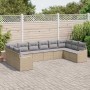 Beiges vidaXL Garten-Sofa-Set (10-tlg.) aus Poly Rattan mit hellgrauen Kissen.