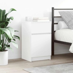 Weißer Nachttisch mit Schublade und Tür, grifflosem Design, neben Bett und Pflanze im modernen Schlafzimmer.