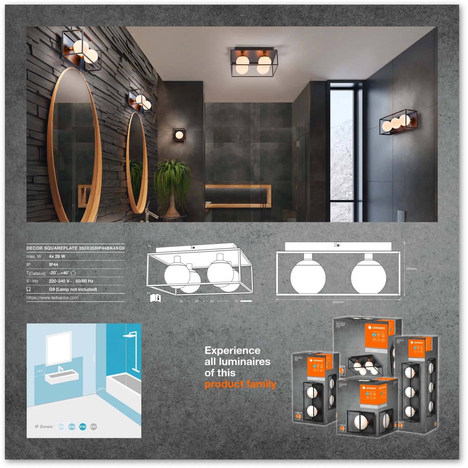 Ledvance Bad-Deckenleuchte Decor Square, 4-flammig, schwarz, 35x35 cm, für Badezimmer & Wohnraum.