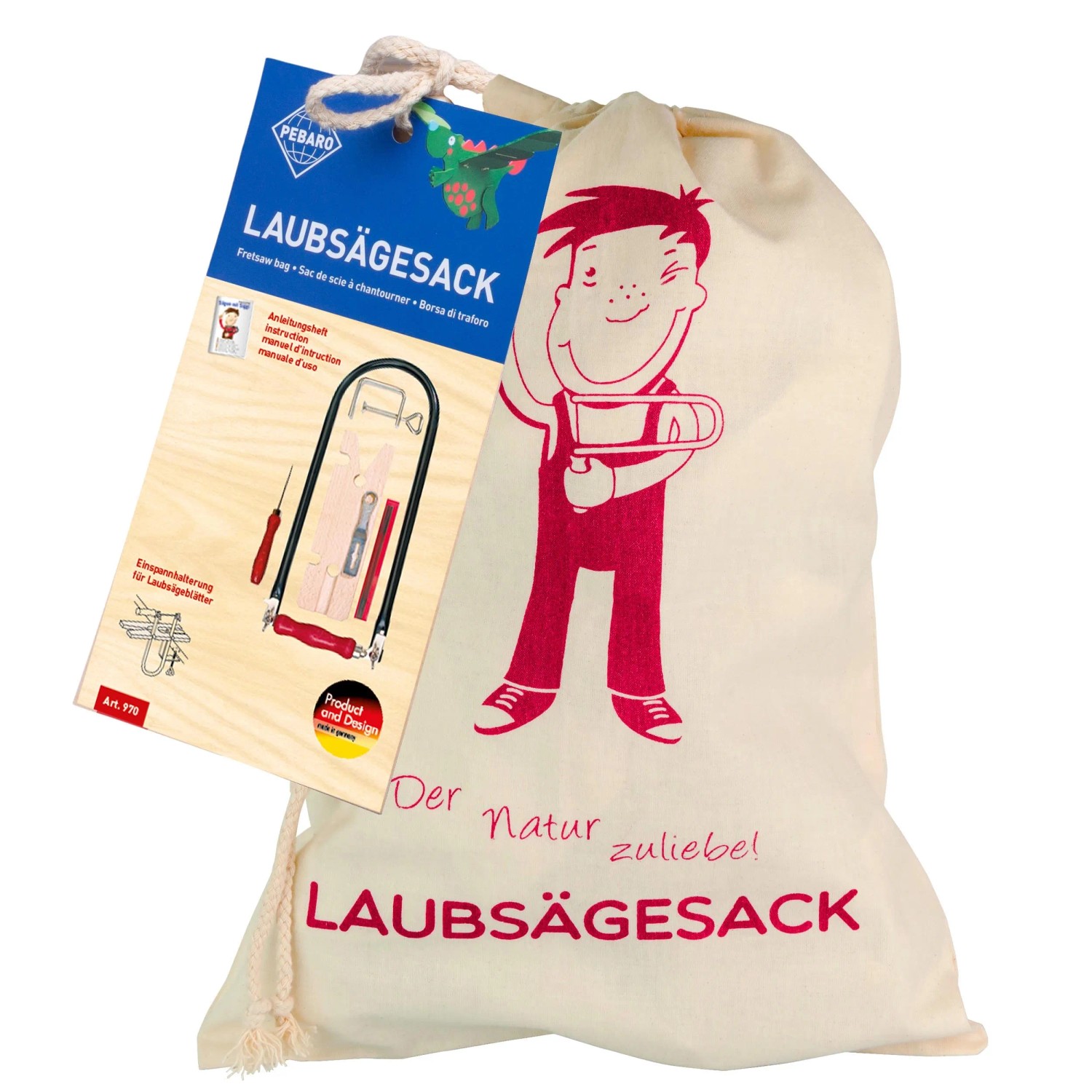 Pebaro Laubsäge-Set, 13-teilig im Baumwollbeutel mit Laubsäge, Tischchen, Zwinge und Sägeblättern.