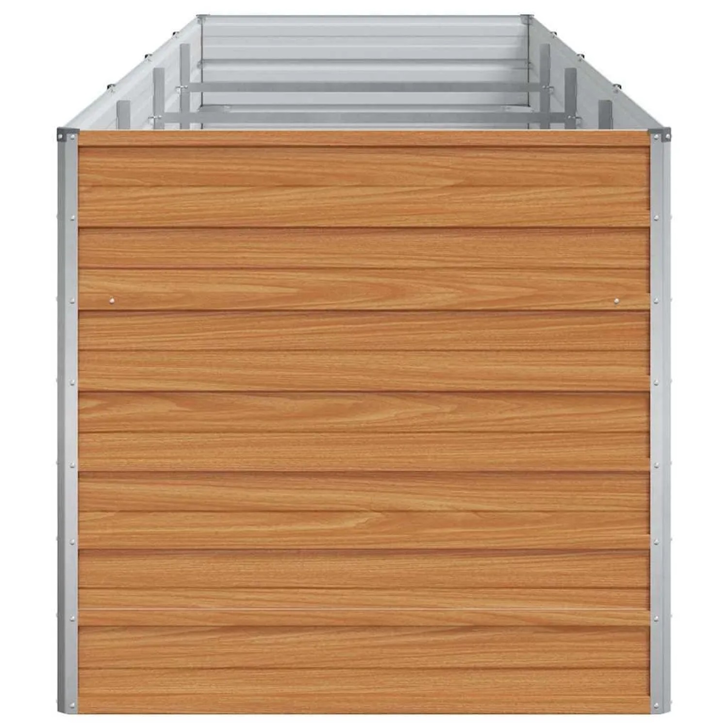 Hellbraunes Hochbeet aus verzinktem Stahl, ideal für Garten und Terrasse. Maße: 320x80x77 cm.