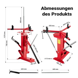 Technisches Diagramm des roten Wiltec Reifenmontiergeräts aus Stahl mit allen Abmessungen für Autoreifen.