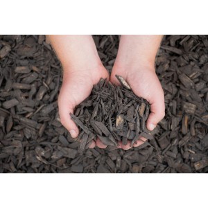 Hände halten Bevermann Premium Holzdekor Anthrazit (50 l). Dekormulch für Pflanzflächen.