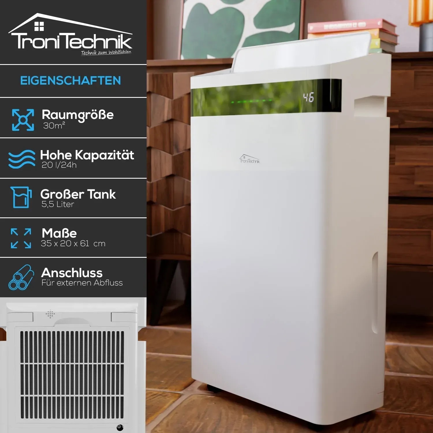 TroniTechnik Luftentfeuchter EF04: Weißer Raumentfeuchter mit LED-Anzeige und 5,5l Tank.