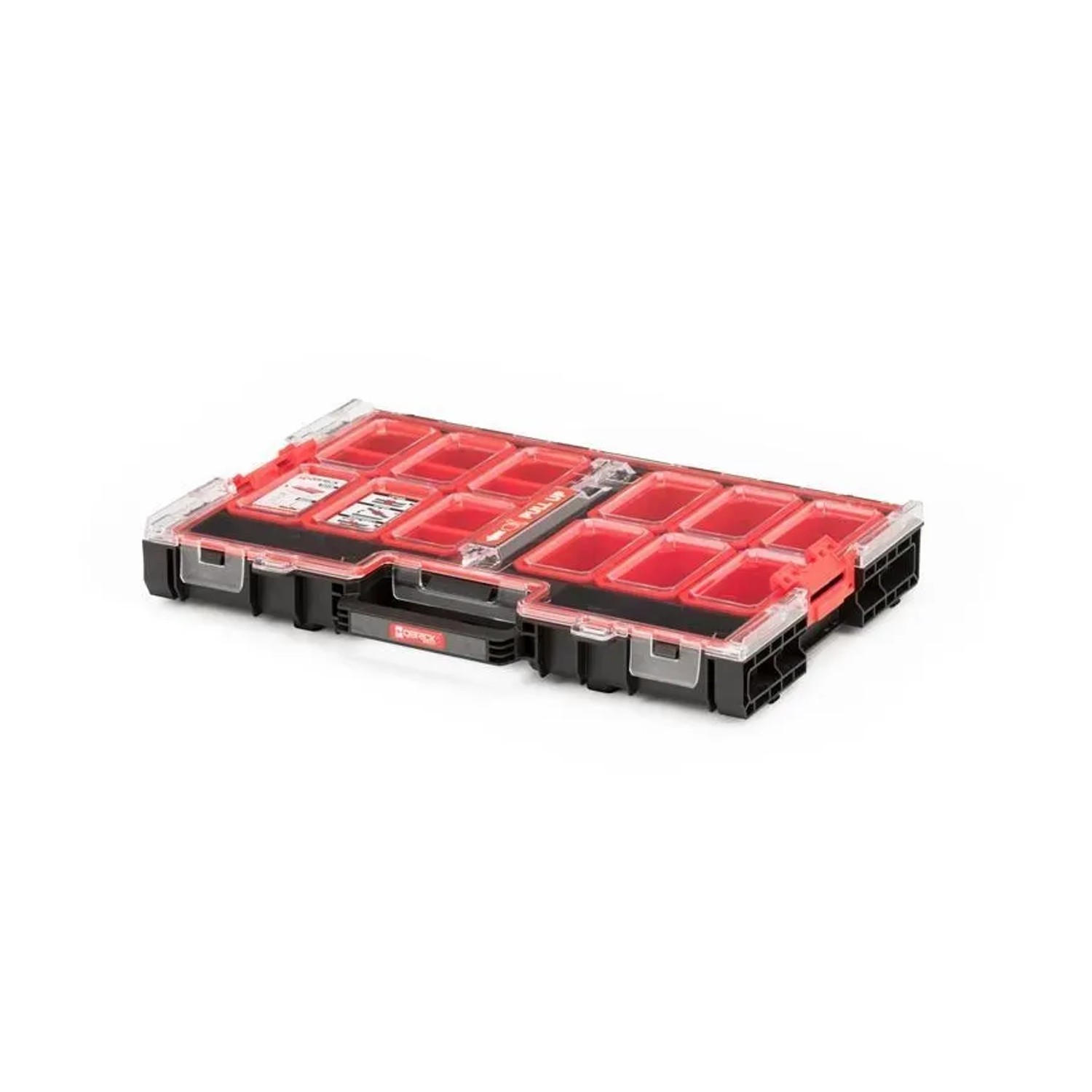 PROREGAL QBRICK Sortimentskasten One L, schwarzer Werkzeugkoffer mit 12 Fächern und transparentem Deckel.