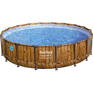 Bestway Stahlrahmenpool Set Power Steel Swim Vista, Ø 549 cm, braun, mit Holzoptik.