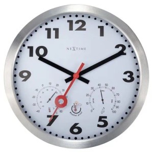 Silberne NeXtime Quarzwanduhr mit weißem Zifferblatt, Thermometer und Hygrometer. Wetterfest für innen & außen.