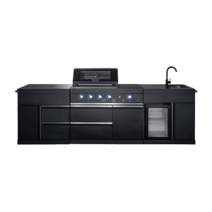 Schwarze MyOutDoorKitchen Pure Plus Outdoorküche mit Grill, Spüle und Kühlschrank.