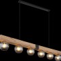 Moderne 6-flammige Pendelleuchte Moitas mit Rauchglas-Schirmen und Holzbalken in dunkler Optik.