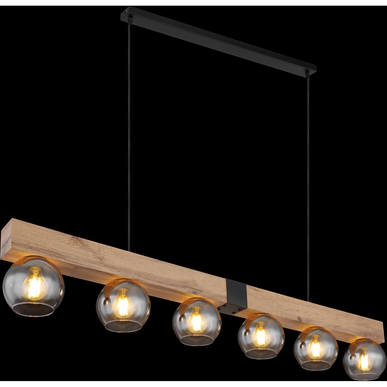 Moderne 6-flammige Pendelleuchte Moitas mit Rauchglas-Schirmen und Holzbalken in dunkler Optik.