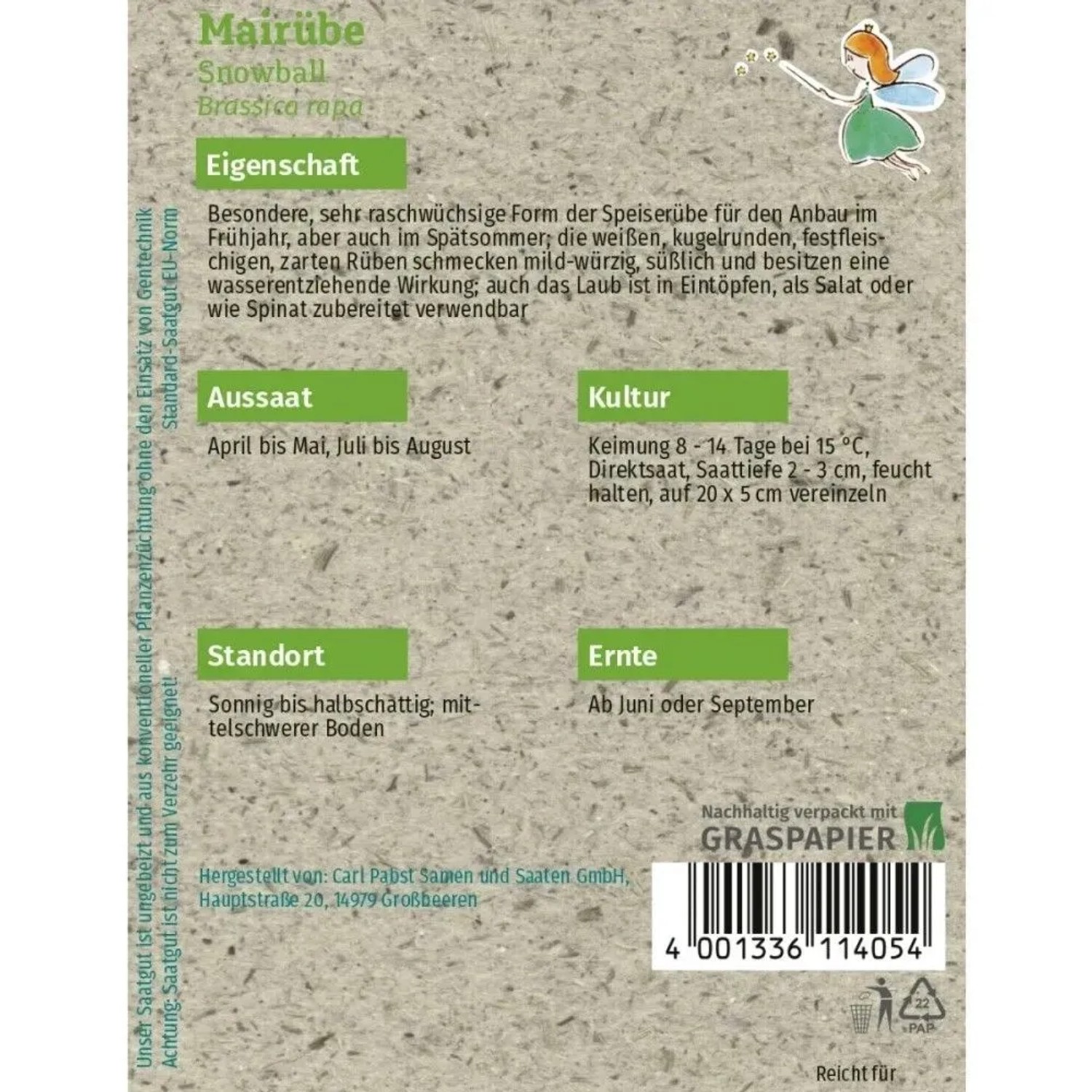 Grüne Fee Mairübe Snowball Saatgut Packung. Details zu Anbau, Aussaat, Standort, Ernte. Barcode und Feen-Illustration.