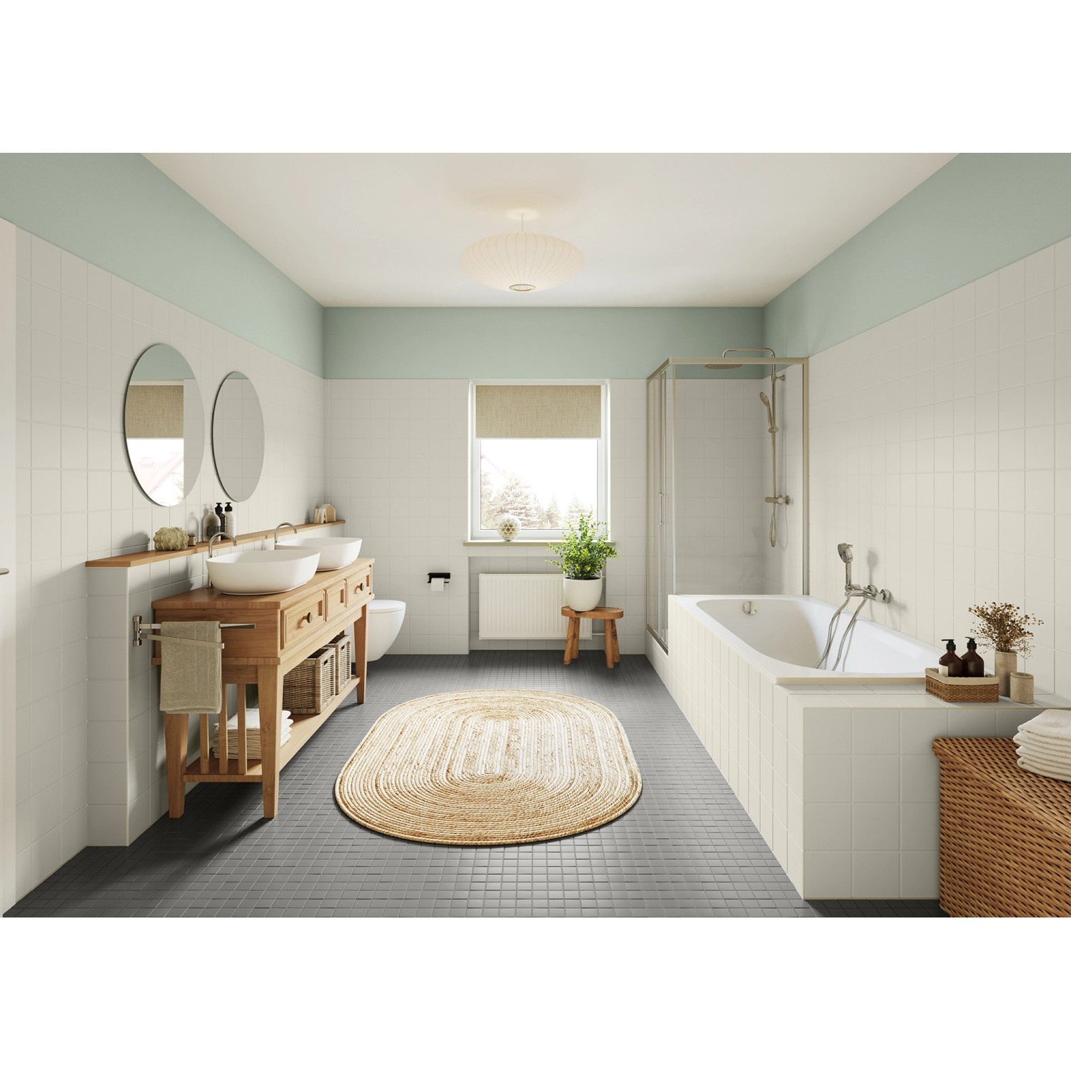 Badezimmer mit Alpina Wandfarbe Bad & Küche Silberfarn (2,5 l) an der Decke.