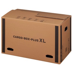 Brauner doppelwelliger Umzugskarton mit verstärkten Grifflöchern und "CARGO-BOX-PLUS XL" Aufdruck für Transport & Lagerung.