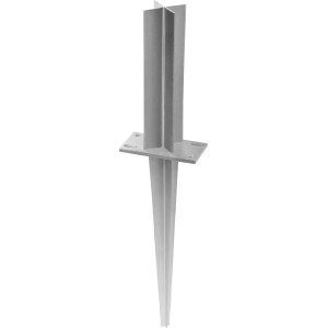 Silberner Pfostenanker aus Stahl zum Einbetonieren für Aluminiumpfosten.