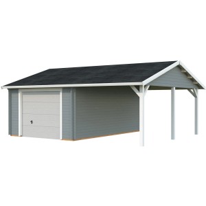 Palmako Garage Roger, grau-weiße Holzgarage mit Sektionaltor und Carport, 653x550 cm.