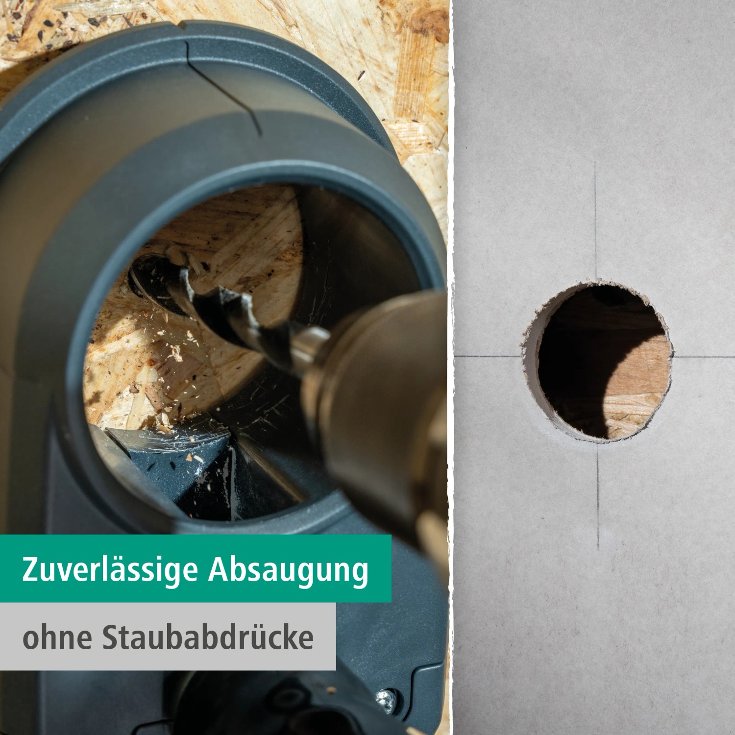 Wolfcraft Absaugsystem HSD 68/100 beim Bohren mit Lochsäge in Wand.