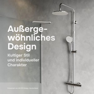 Modernes AM.PM Duschsystem Chrom mit Regendusche, Handbrause und Thermostat an grauer Wand.