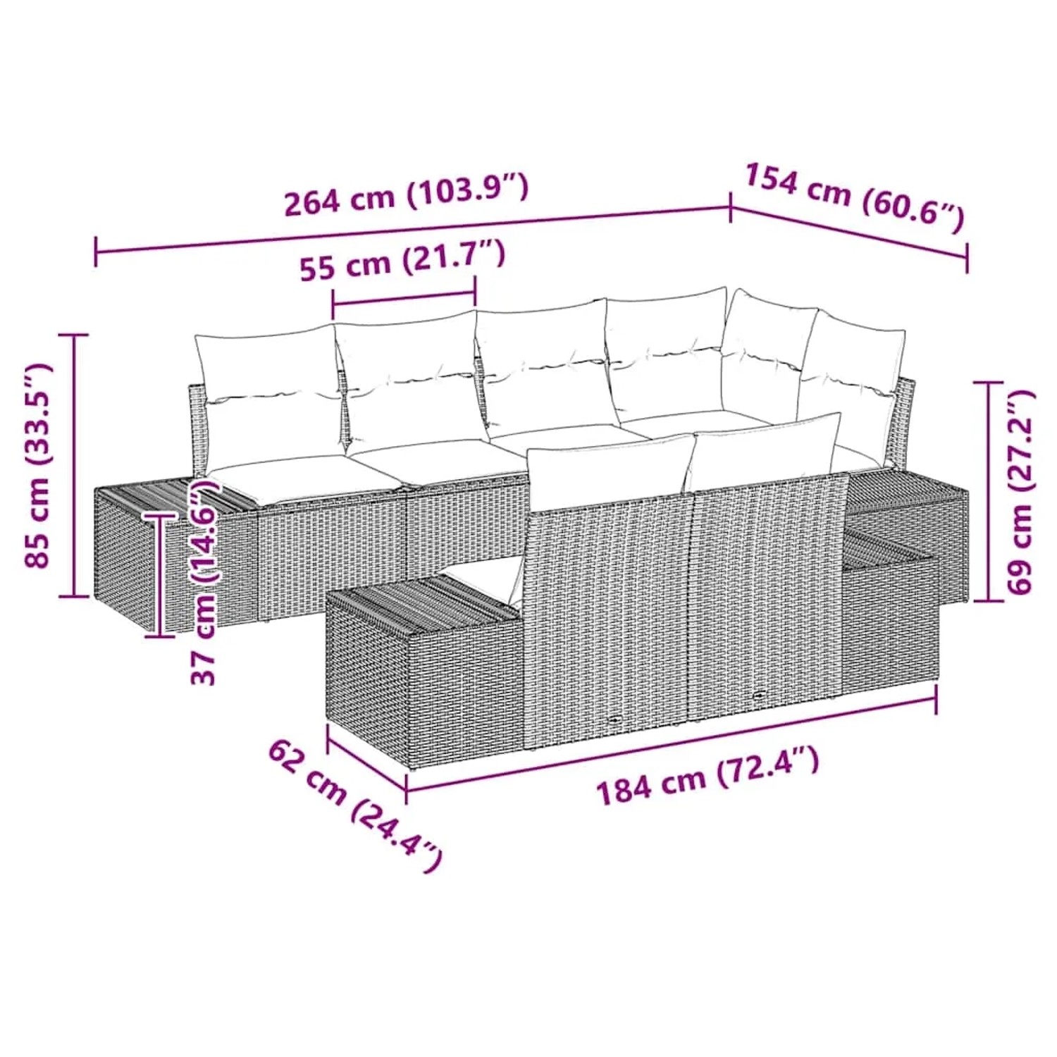 vidaXL Gartenmöbel-Set, 7-teilig, schwarz/creme, Poly Rattan, mit Maßen. Ideal für Terrasse und Garten.