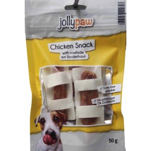 Jollypaw Chicken Snack mit Rinderhaut, glutenfreie Hunde-Belohnungssnacks im 50g Beutel.