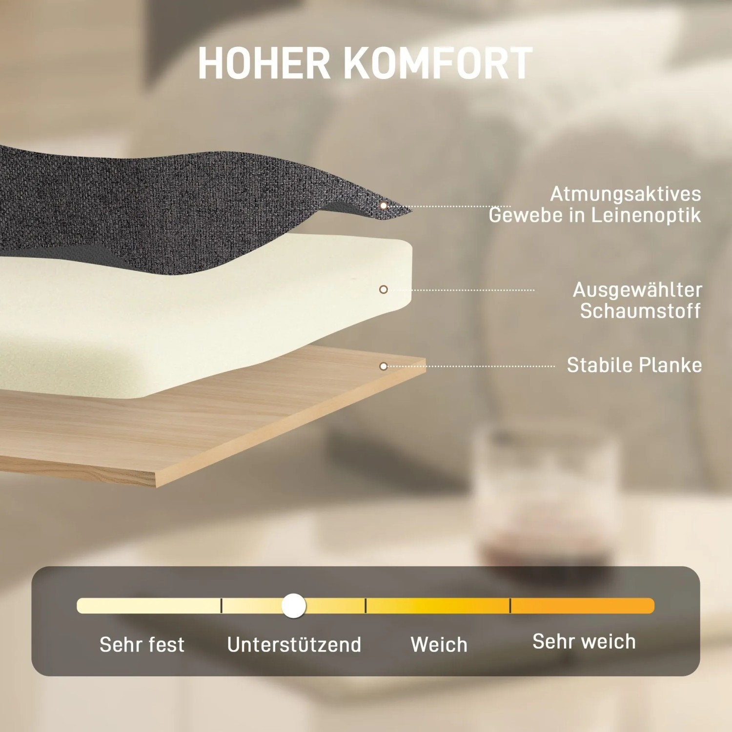 Schnittbild des HOMCOM Relaxsessels: Atmungsaktiver Stoff, Schaumstoff, stabile Planke. Zeigt hohen Komfort und unterstützende Polsterung.
