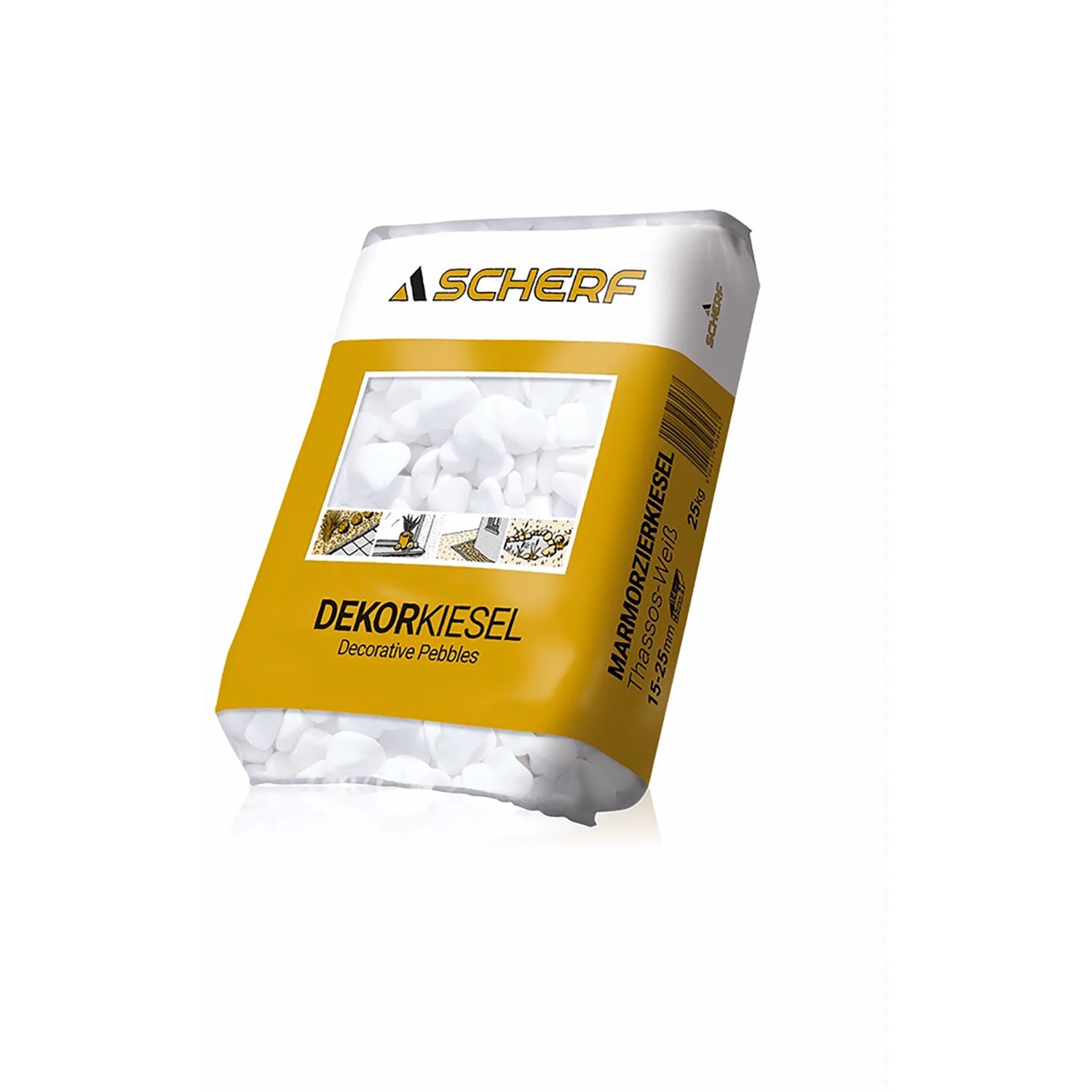 Sack Marmorzierkiesel Thassos-Weiß, 15-25mm, 25kg. Dekorative, weiße Ziersteine für Garten und Landschaft.
