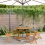 5-teilige Garten-Essgruppe aus grauem Poly Rattan und Akazienholz mit rundem Tisch und vier Klappstühlen.