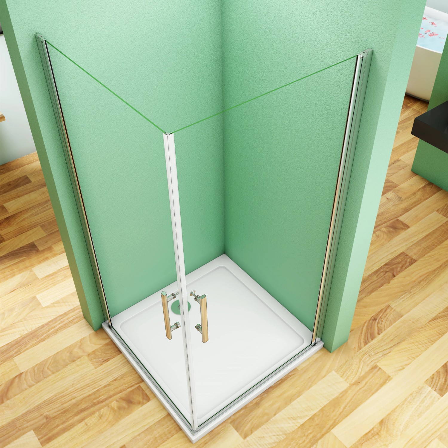 Eck-Duschkabine mit Schwingtür, 90x80 cm, ESG-Glas mit Nano-Beschichtung für Duschen.